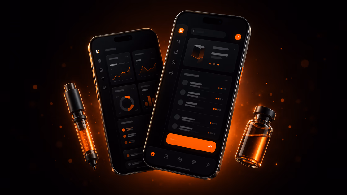 Dois iPhones lado a lado mostrando o app iPharma — tela de venda no celular esquerdo e dashboard no celular direito