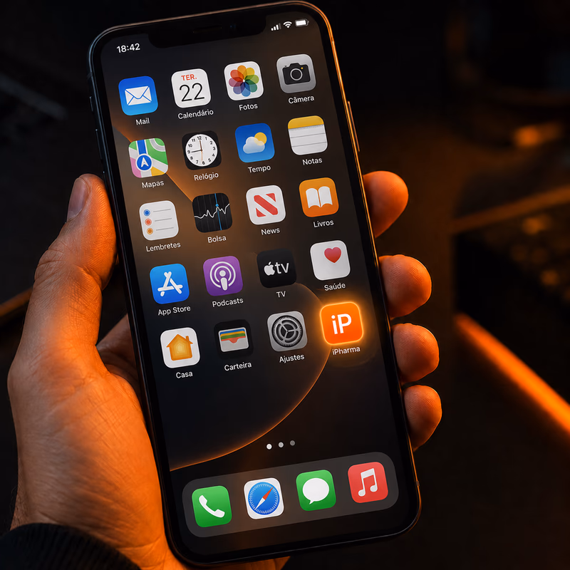 Home screen do iPhone com o icone iPharma instalado entre os outros apps